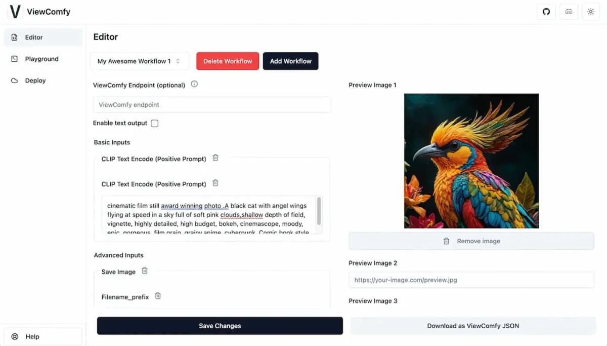 View of the ViewComfy app builder with preciew image. Turn complex ComfyUI workflows into production-ready web apps without writing a line of code.