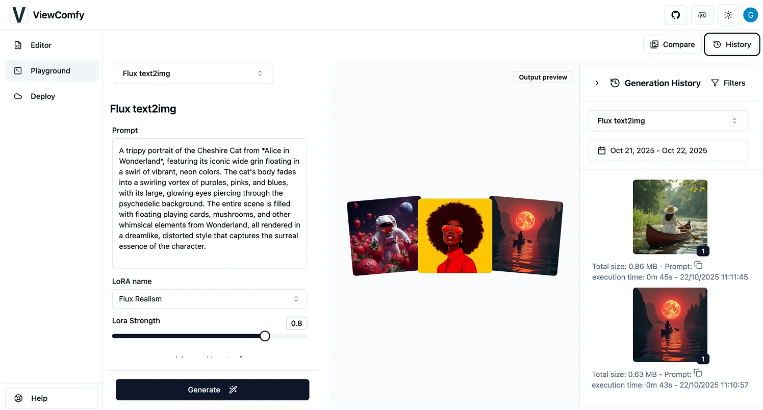 ViewComfy Web App Demo View of the ViewComfy app playground with user history. ViewComfy Apps are a simple way to turn ComfyUI workflows into sharable web apps.
